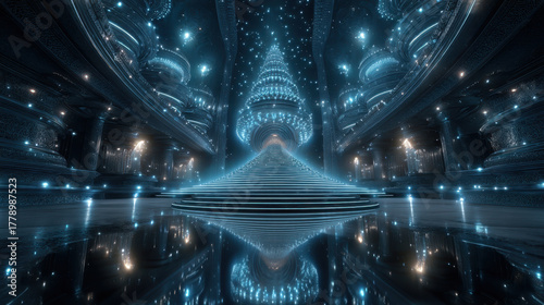 Futuristic neon holographic temple with intricate designs, glowing lights, and reflective surface creates mesmerizing atmosphere. temple features grand staircase leading to luminous apex