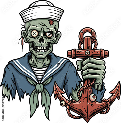 Zombie sailor, cartoon character, horror nautical theme, undead maritime figure, anchor weapon, creepy uniform, vector illustration, eerie sea monster, blood detail, scary design