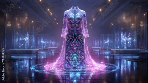 Futuristic neon holographic garment displayed in grand exhibition hall, showcasing intricate designs and vibrant colors. atmosphere is enchanting and immersive, captivating viewers with its beauty