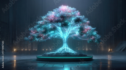 Futuristic neon holographic tree stands illuminated in dark, urban environment, showcasing vibrant colors and intricate details. atmosphere is filled with sense of wonder and innovation