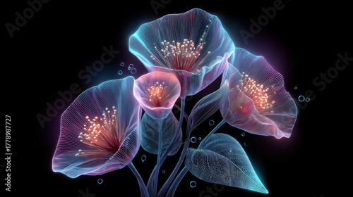 Futuristic neon holographic wildflower cluster with vibrant colors and intricate details, creating mesmerizing visual effect against dark background