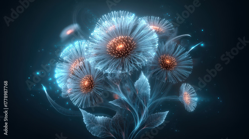 Futuristic neon holographic wildflower cluster with glowing petals and intricate details creates mesmerizing visual experience. vibrant colors and ethereal glow evoke sense of wonder and beauty