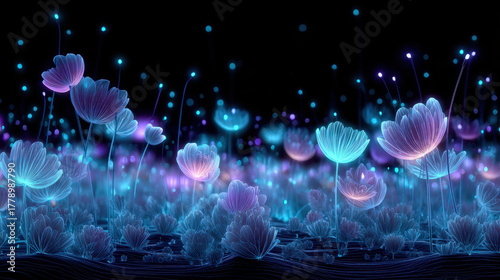 Vibrant, futuristic neon holographic wildflower field glows with ethereal colors, creating mesmerizing atmosphere filled with delicate blooms and luminous accents