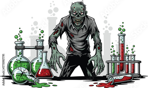 Zombie scientist in lab illustration, undead experiment theme, horror chemistry setup, creepy science concept, decayed figure art, eerie laboratory scene, dark fantasy design