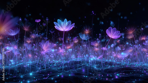 Vibrant futuristic wildflower field illuminated by neon holographic lights creates mesmerizing atmosphere. delicate flowers glow in shades of purple and blue, surrounded by sparkling particles