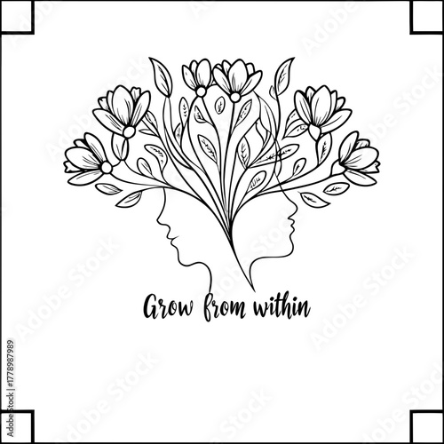 Grow from within text and flower on woman head