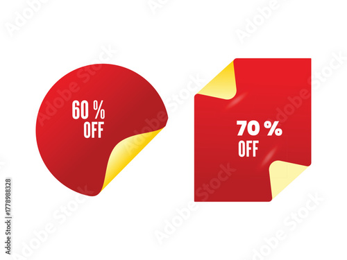 Red and yellow discount sticker set with curled corner design