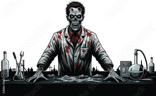 Zombie scientist vector, horror lab illustration, undead experiment character, creepy chemistry scene, scary science monster, decayed doctor artwork, spooky apocalyptic laboratory setup