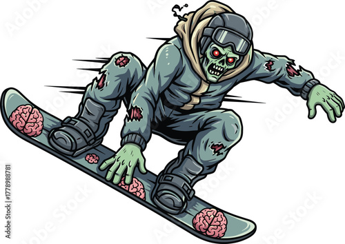 Zombie snowboarder, cartoon character, horror winter theme, undead athlete, dynamic snowboarding pose, brain-themed board, vector illustration, creepy sport scene, eerie design, snowy action