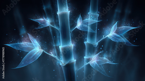 Surreal glowing bamboo with luminous leaves creates mystical atmosphere, evoking sense of wonder and tranquility. ethereal light enhances beauty of nature design