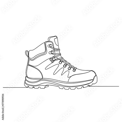 Hiking boot with rugged sole in minimalist line art style