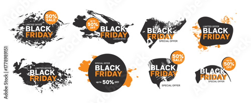 Set of black friday sale banners. Vector brush stroke style.Can be used for advertising holiday discounts, special deals, or seasonal sales events.