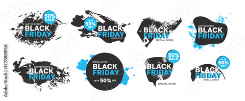 Set of black friday sale banners. Vector brush stroke style.Can be used for advertising holiday discounts, special deals, or seasonal sales events.