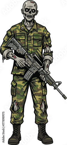 Zombie soldier cartoon character with rifle, horror military theme, scary undead illustration, camouflage uniform vector, post-apocalyptic monster, isolated on white background