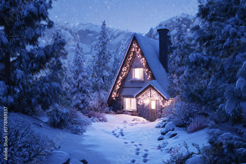 A beautiful mountain chalet stands aglow with warm lights at night, surrounded by snow-covered trees and a peaceful winter landscape. A pathway leads through the snow