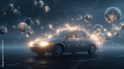 Surreal glowing driver scene featuring car surrounded by floating luminous bubbles, creating magical atmosphere. scene evokes sense of wonder and enchantment