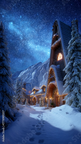 Experience a winter vacation at a cozy mountain chalet, where snow blankets the ground and holiday lights sparkle on trees, creating a peaceful retreat in nature