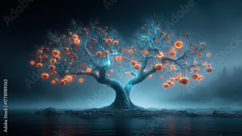 Surreal glowing fruit tree stands majestically in misty landscape, adorned with luminous orange fruits that illuminate dark surroundings, creating magical atmosphere