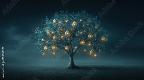 Surreal glowing fruit tree stands majestically in dark landscape, adorned with luminous fruits that emit soft light, creating enchanting atmosphere
