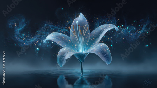 Surreal glowing lily with luminous petals radiates beauty in mystical setting, surrounded by ethereal light and reflections on water, evoking sense of wonder and tranquility