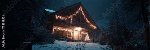 Experience a winter vacation at a cozy mountain chalet, where snow blankets the ground and holiday lights sparkle on trees, creating a peaceful retreat in nature, banner