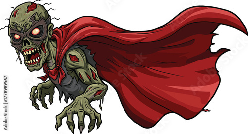 Zombie superhero flying with red cape, glowing red eyes, decayed green skin, horror comic character, masked undead hero, vector illustration