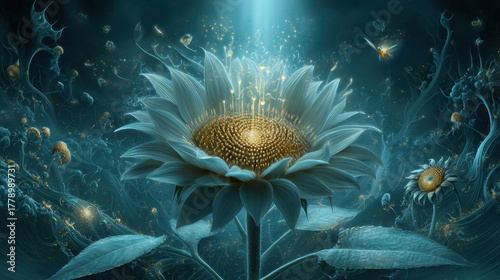 Surreal glowing sunflower radiates light in mystical environment filled with luminous elements and ethereal details, creating dreamlike atmosphere