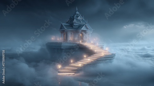 Surreal glowing temple floats above mist, illuminated by soft lights, creating mystical atmosphere. intricate architecture and ethereal surroundings evoke sense of wonder and tranquility