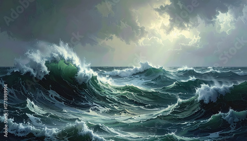 Fototapeta Naklejka Na Ścianę i Meble -  Large stormy wave crashing in the ocean under a gloomy gray sky representing emotional turbulence and power