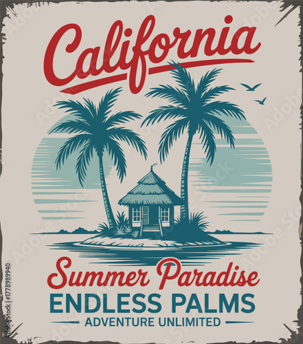 California tropical vintage illustration featuring palm trees, beach hut, and sunny island scene perfect for summer vibes, travel posters, and vacation designs