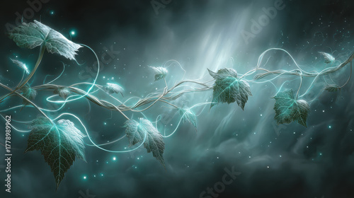 Surreal glowing vine with floating luminous tendrils creates enchanting atmosphere. ethereal leaves shimmer in mystical light, evoking sense of wonder and tranquility