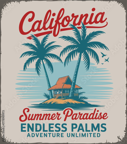 California tropical vintage illustration featuring palm trees, beach hut, and sunny island scene perfect for summer vibes, travel posters, and vacation designs