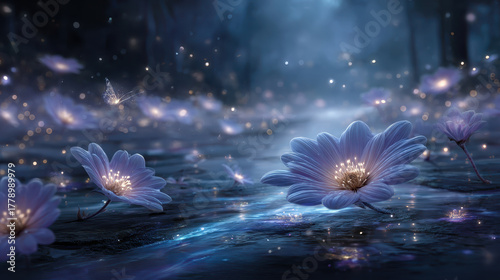 Surreal glowing wildflower scene with floating luminescent flowers, shimmering water, and ethereal light creates magical atmosphere. enchanting beauty captivates viewer imagination