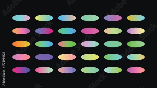 Collection of vibrant gradient ovals arranged in a grid pattern against a dark background