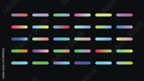 Collection of vibrant gradient capsules arranged in a grid pattern against a dark background