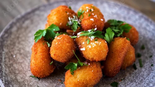 Golden fried croquettes adorned with fresh parsley, a delightful appetizer or snack