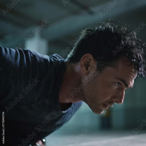 Man doing push-ups in modern gym environment.