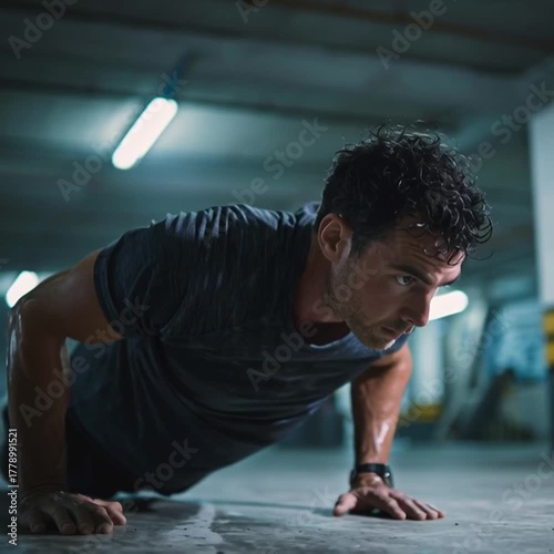 Man doing push-ups in a fitness environment.