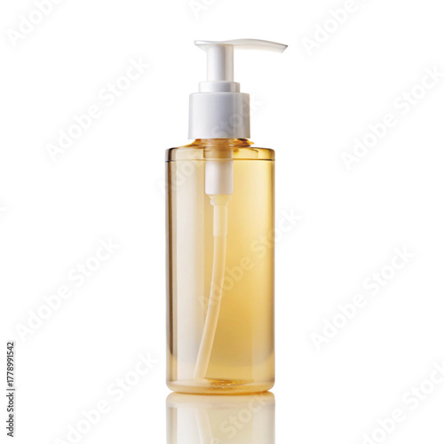Amber bottle with dispenser isolated on transparent background, ideal for showcasing cosmetic or skincare products