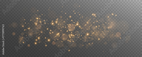 Golden dust with a bokeh effect on a transparent background. Soft shimmer and sparkle. Golden glowing particles, glitter, and dust create a bokeh effect. Vector illustration of a Christmas glow.