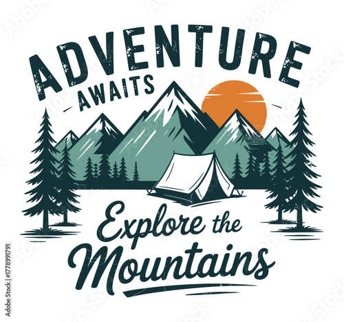 Mountain adventure retro vintage graphic with trees and rugged peaks featuring explore the great outdoors slogan perfect for t-shirt prints, posters, stickers, and merchandise designs