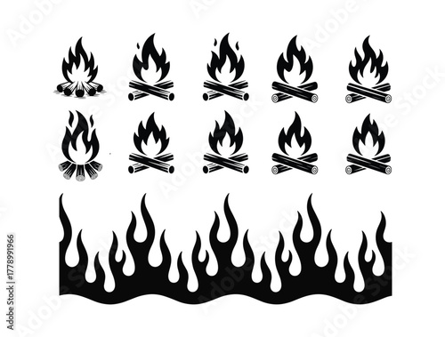 Campfire and Flame Icons Vector Illustration Set Bonfire Element Design Collection