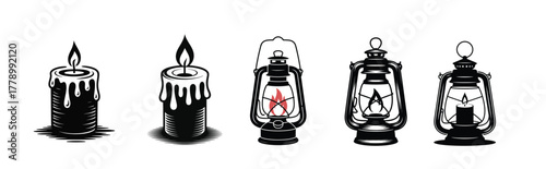 Candles and lanterns set vector illustration black icons light sources