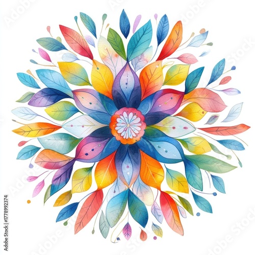 Colorful floral mandala with vibrant leaves and symmetrical design on white background