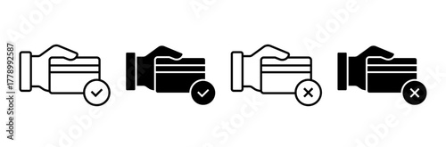 Hand Holding Credit Card Icon Set. Band Card Payment Symbol