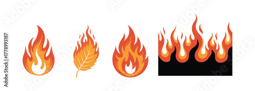 Set of fire flames vector illustrations in various shapes