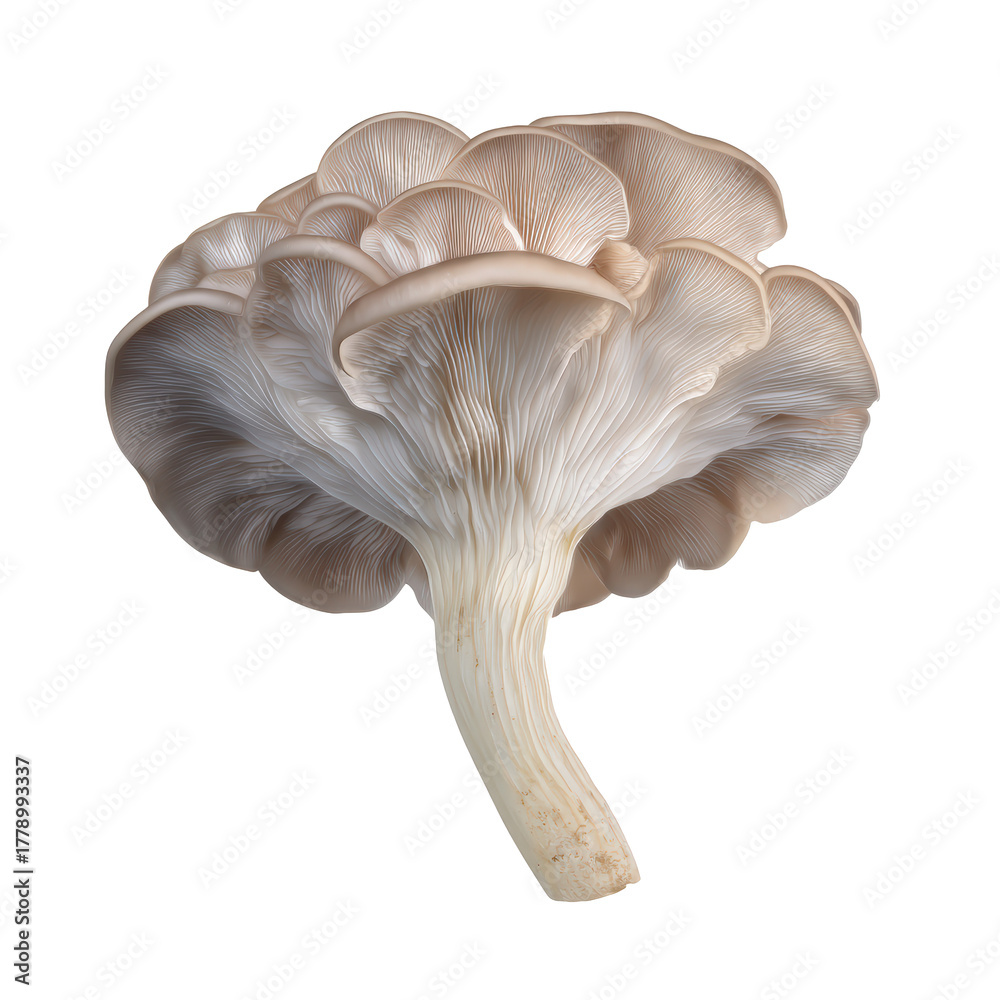 Fototapeta premium Single oyster mushroom with beige cap and gills isolated on a transparent background
