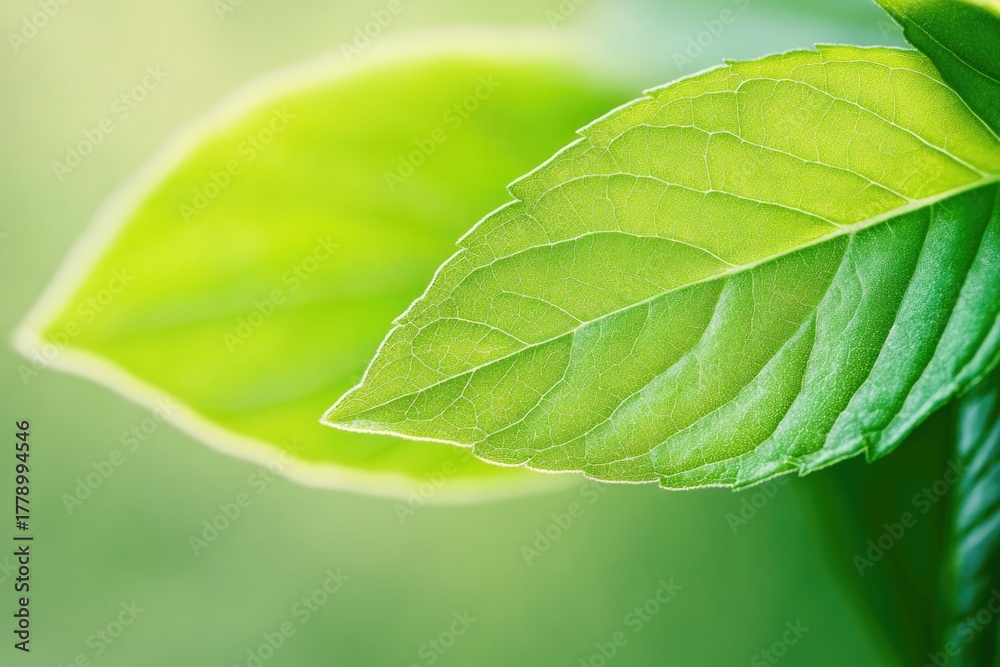 Fototapeta premium Vivid green mint leaves with water droplets close-up in natural sunlight