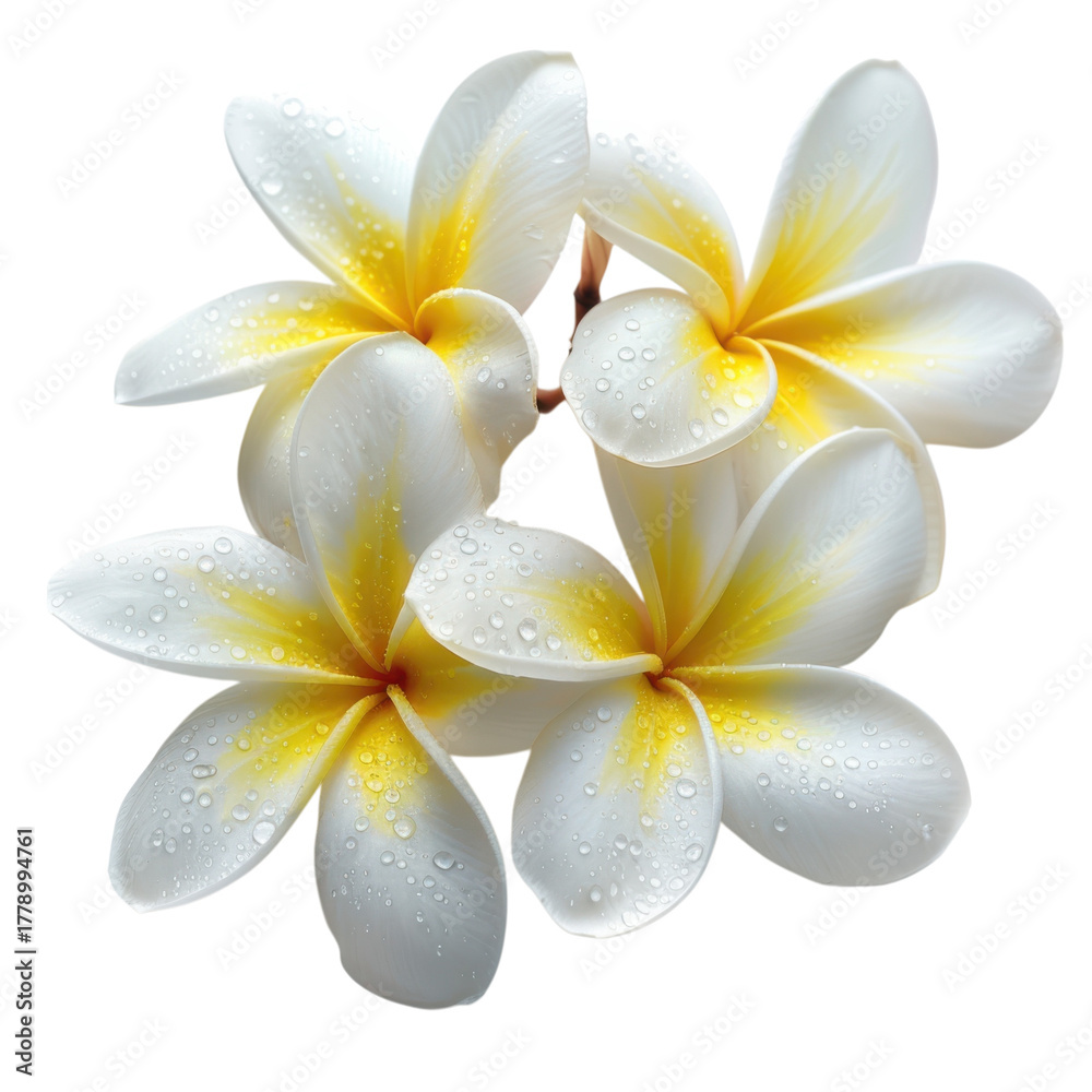 Fototapeta premium Frangipani flower freshness white petals dew yellow bloom floral beauty wellness spa tropical black