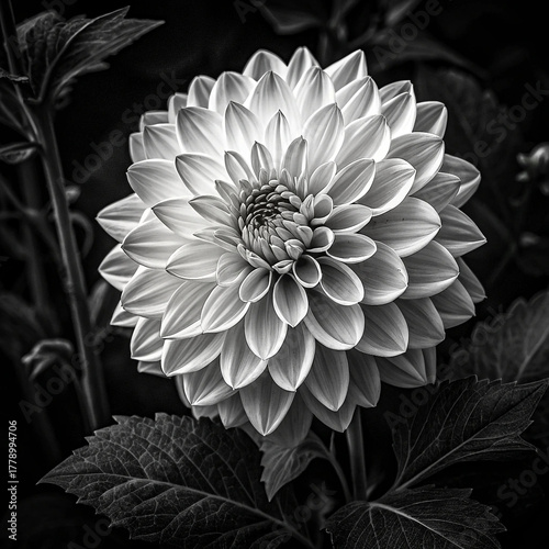 closeup of blooming dahlia flower with layered petals and dark leaves in monochrome style
